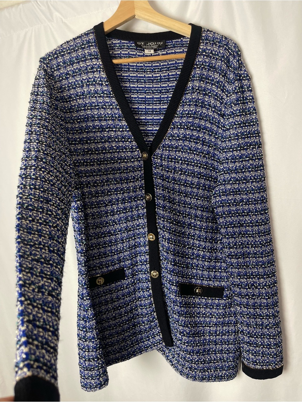 St. John Collection Size 14 Blue Black Gold Metallic Knit Cardigan Jacket